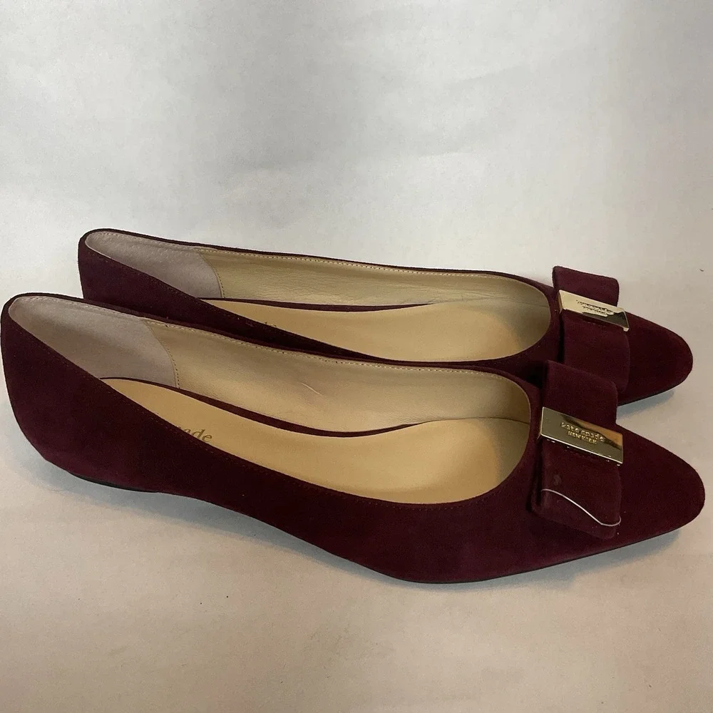 Kate Spade new york Burgundy Velvet Ballet Flats Size 10 Bow Logo Accent Women's
